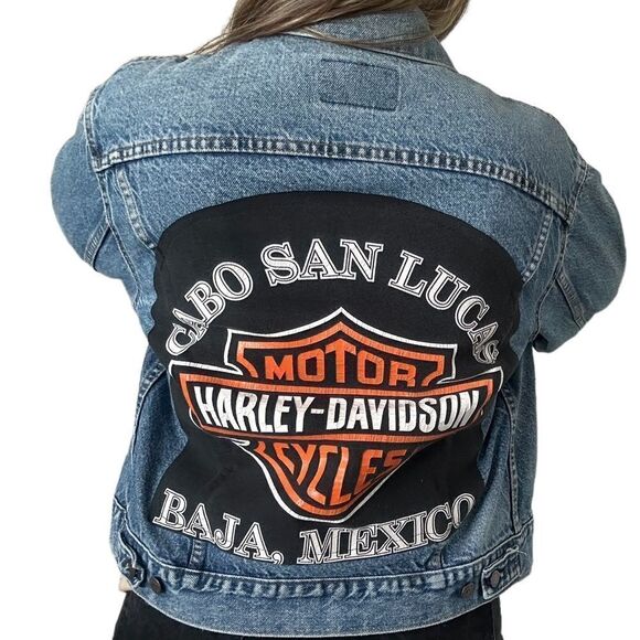 Vintage Levi Harley Davidson Reworked Upcycled Trucker Denim Jean Jacket - Picture 4 of 13